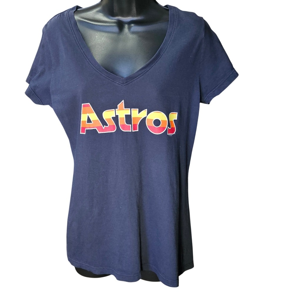 47 Brand Houston Astros Womens Navy Blue V-Neck Graphic T-Shirt Large Retro Logo